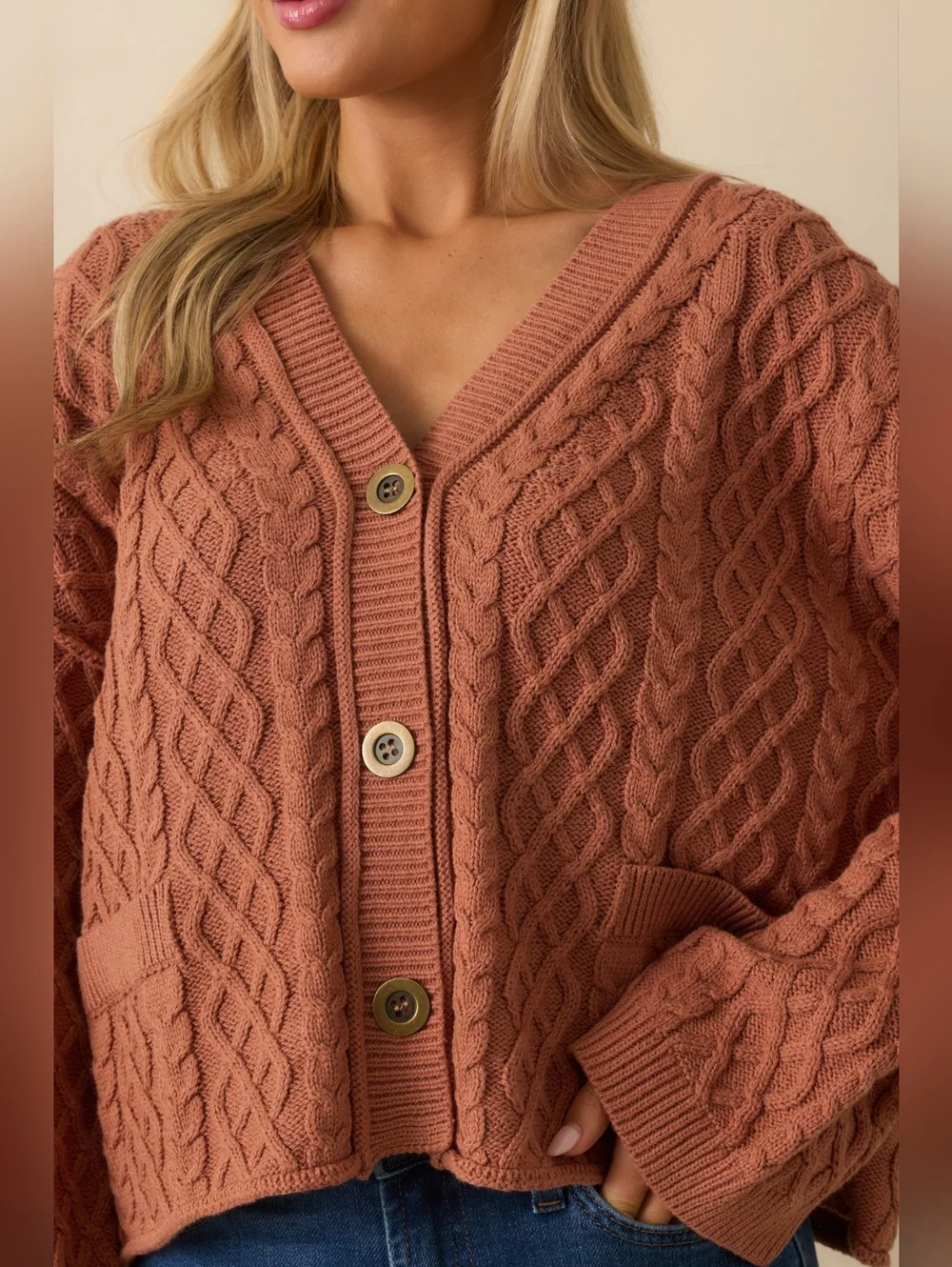 Red Dress Boutique Cable Knit Button-Front Sweater Cardigan - Rust - Picture 3 of 5